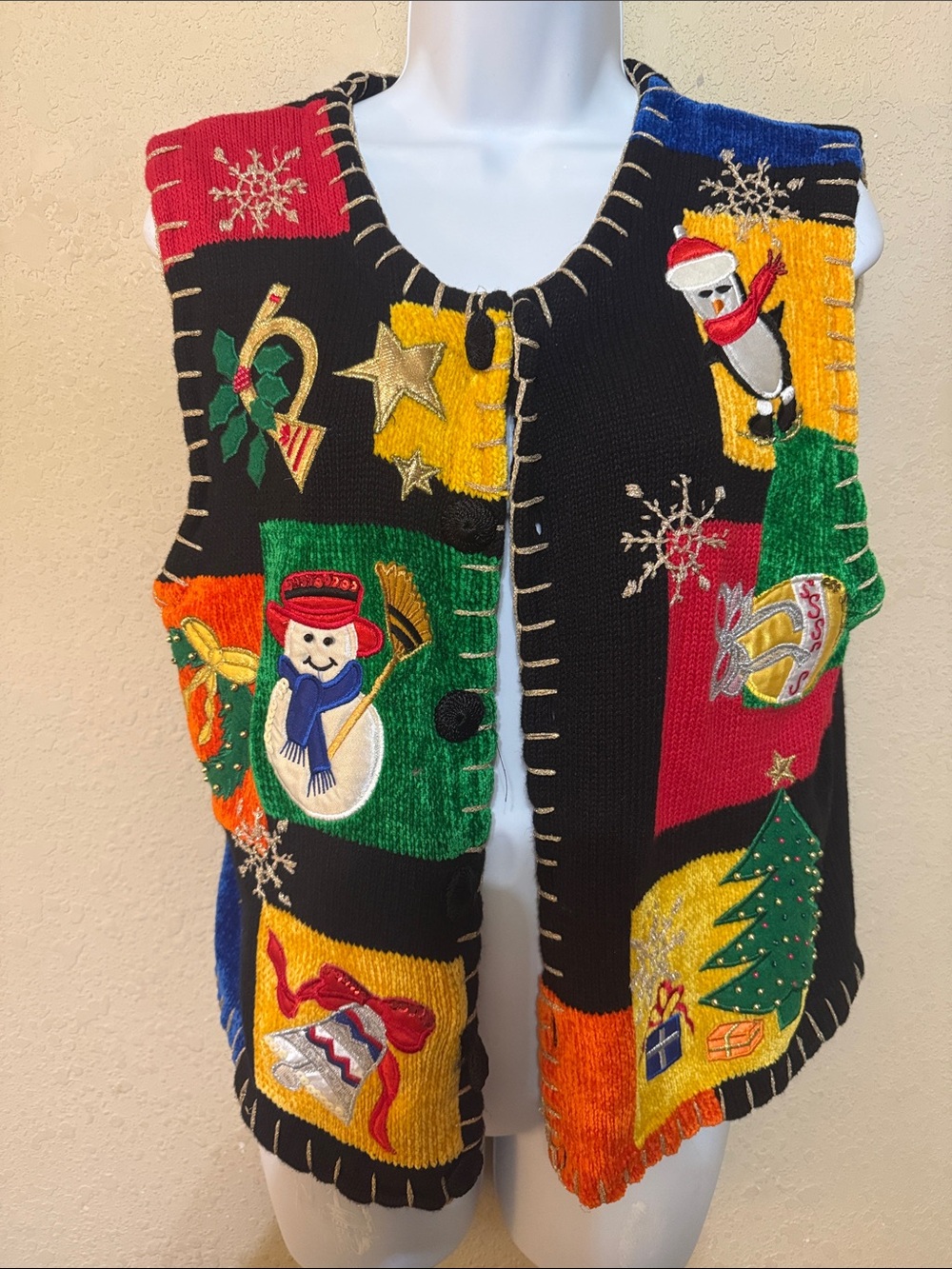Lisa International vintage Christmas Black Vest with Gold Lattice Trim